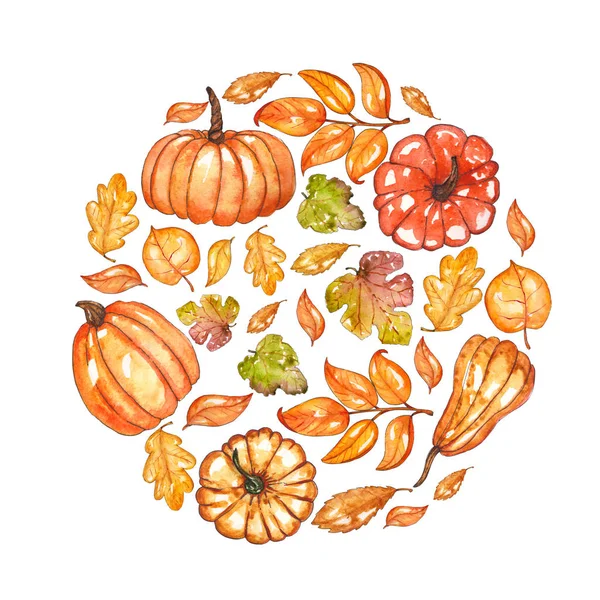 Watercolor autumn template with pumpkins, yellow leaves, berries
