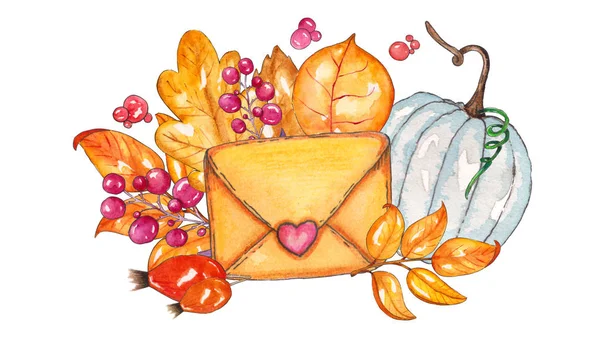 Hand painted watercolor autumn composition isolated on white background. Colored leaves, pumpkins and mail. It is perfect for thanksgiving cards, halloween design, decoration, prints, et