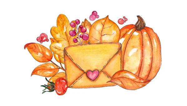 Hand painted watercolor autumn composition isolated on white background. Colored leaves, pumpkins and mail. It is perfect for thanksgiving cards, halloween design, decoration, prints, et