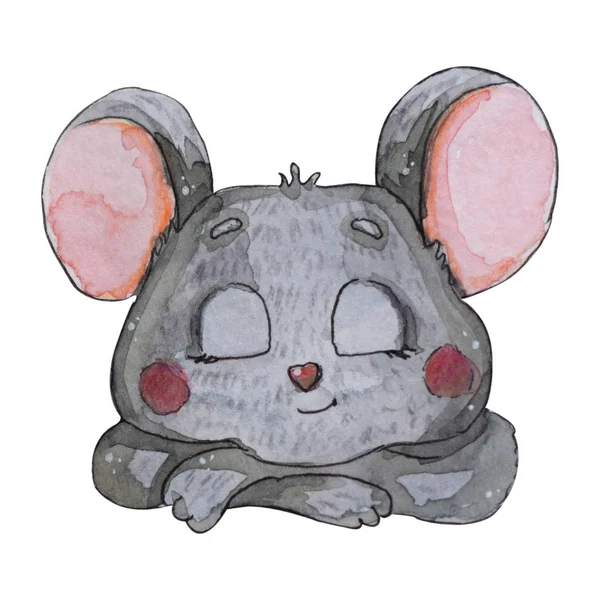 Hand Painted Watercolor Mouse Chinese Year Mouse Cartoon Sleepy Mouse — Stock Photo, Image