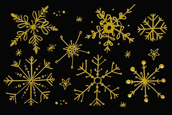 Set de copos de nieve acuarela dorada aislados sobre fondo negro . —  Fotos de Stock