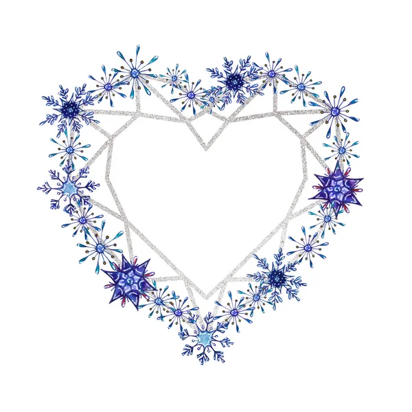 Handgeschilderde Kerst Aquarel Sneeuwvlokken Sjabloon Decoratieve Sneeuwvlokken Met Zilveren Geometrische — Stockfoto