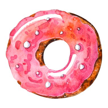 El boyalı Suluboya pişirme tatlılar. Donut illüstrasyon Beyaz arka plan üzerinde izole. Kutlama kartı, davetiye, tasarım, günlük için mükemmel