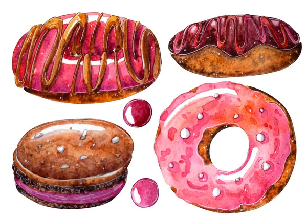 Ručně Malované Akvarel Donut Macaroon Čokoládové Ilustrace Objekty Izolované Bílém — Stock fotografie