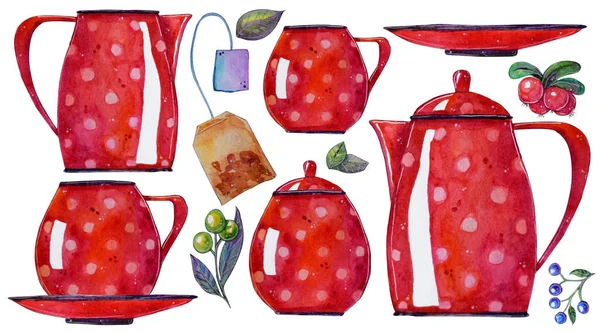 Hand painted watercolor Set of ware and berries. Teapot, cup, milk seller, sugar bowl. illustration. Perfect for food magazines, design, cards, textile