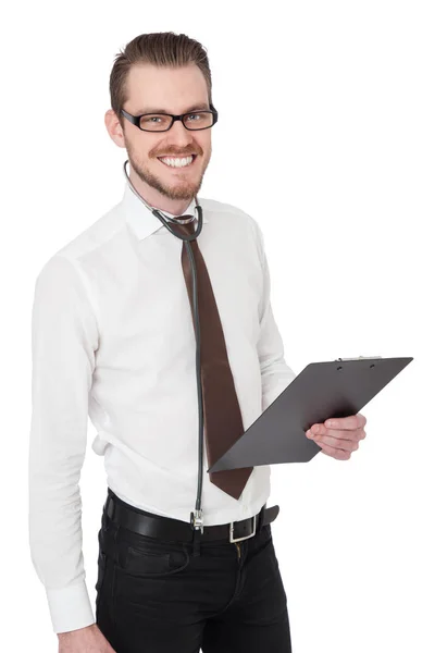 Handsome Surgeon Stethoscope His Neck Holding Clipboard Smiling Camera White — Stock Photo, Image