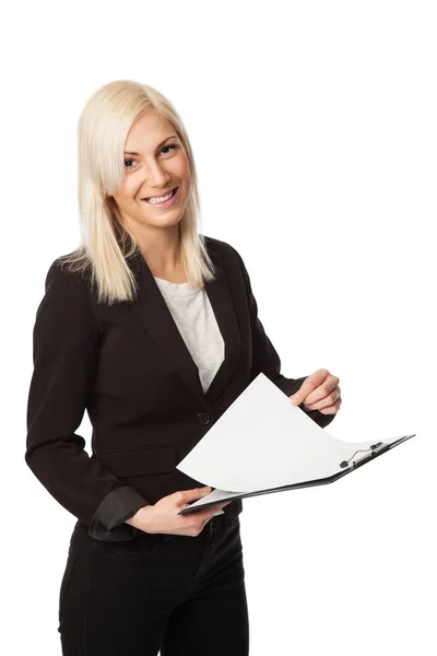 Attractive Businesswoman Wearing Black Suit White Shirt Holding Clipboard Standing — Stock Photo, Image
