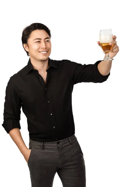 Happy Smiling Man Black Shirt Pants Holding Great Cold Beer — Stock Photo, Image