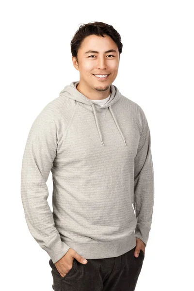 Uroczy Azjata Czarnymi Włosami Wyglądający Super Ładnym Uśmiechem Szarej Bluzie — Zdjęcie stockowe