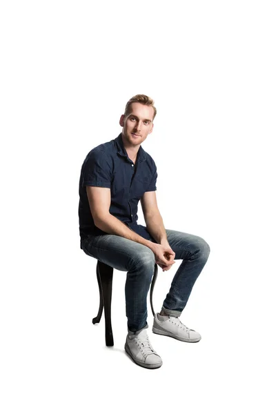 Picture European Male Sittingcasually Stool Loving His Weekend Wearing Casual — Stock Photo, Image