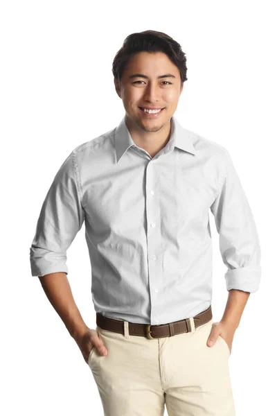 Successful Asian Male Entrepreneur Smiling Confidently Both Hands His Pocketwearing — Stock Photo, Image