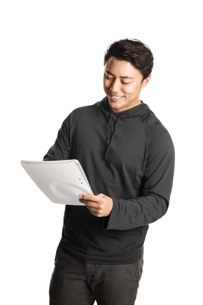 Successful Asian Male Lookingsatisfied Wearing His Dark Hooded Jacket Holding — Stock Photo, Image