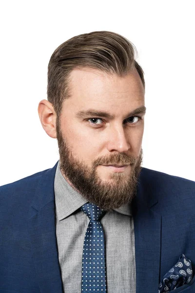 Retrato Atractivo Hombre Escandinavo Con Una Chaqueta Azul Corbata Punteada —  Fotos de Stock