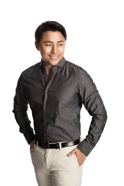 Imagen Empresario Japonés Guapo Sonriendo Lejos Cámara Con Ambas Manos Imagen De Stock