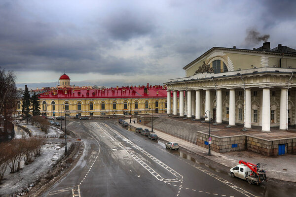 Exchange Building (Zdanie Birzhy), Exchange Square (Birzhevaya Ploshchad) and Birzhevoy Proezd  in March on Vasilyevsky Island, St Petersburg, Russia