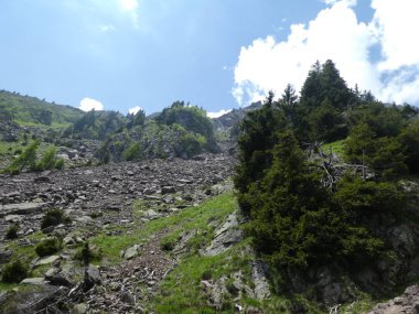 Rock Panorama Manzara tyrol İtalya Avrupa bulutlar mavi gökyüzü orman ağaçları yeşil çim çayır ile yüksek dağların Zirvesi