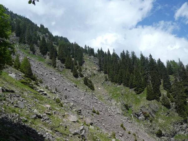 Rock Panorama Manzara Mavi Bulutlar Gökyüzü Ağaçları Orman Yeşil Çayır — Stok fotoğraf