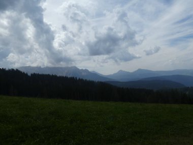 Rock panorama landsape Zirvesi Dağları'nın Güney Tirol İtalya orman ağaçları çayır Avrupa bulutlar gökyüzü 