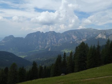 Rock panorama landsape Zirvesi Dağları'nın Güney Tirol İtalya orman ağaçları çayır Avrupa bulutlar gökyüzü 