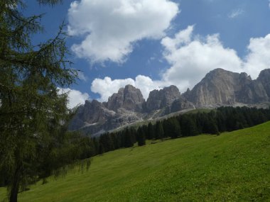 Rock panorama landsape Zirvesi Dağları'nın Güney Tirol İtalya orman ağaçları çayır Avrupa bulutlar gökyüzü 