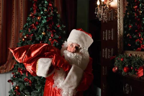 Kerstman Met Een Zak Van Giften Kwam Bezoek Santa Claus — Stockfoto