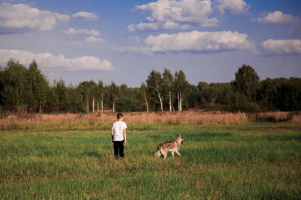 Uma Amizade Comovente Entre Rapaz Lobo Menino Lobo Estão Campo — Fotografia de Stock