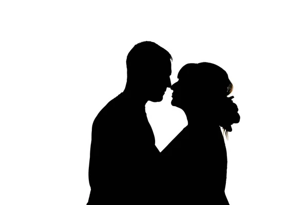 Besando Pareja Siluetas Negras Sobre Fondo Blanco Aislamiento Pareja Besos — Foto de Stock