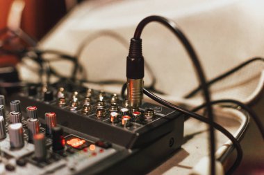 audio mixing console. A DJ booth.Mixing console for music mixing