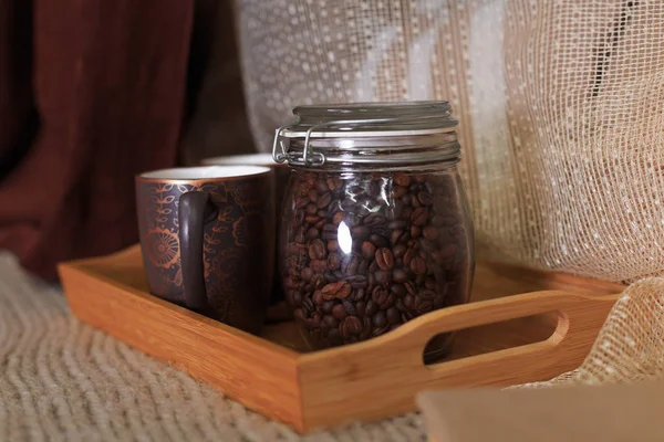 Cup Coffee Coffee Beans Glass Jar Lid Tray — Stok fotoğraf