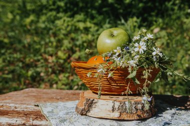 Rustik dekor. Arka plandaki orman ağaçları.