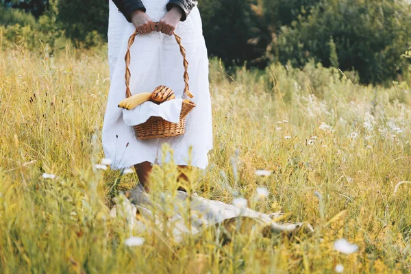 Summer picnic in the meadow. girl holding a picnic basket with fruit and juice.