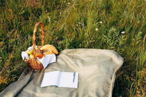 Närbild av dagbok och penna liggande på gräset. Romantiken, deras tanke. — Stockfoto