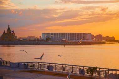 Volga nehri üzerinde şehirde gün batımı. Martılar nehrin üzerinde uçuyor.