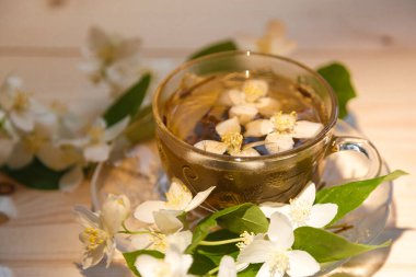 Yasemin çayı ılık akşam ışığında taze yasemin çiçekleriyle