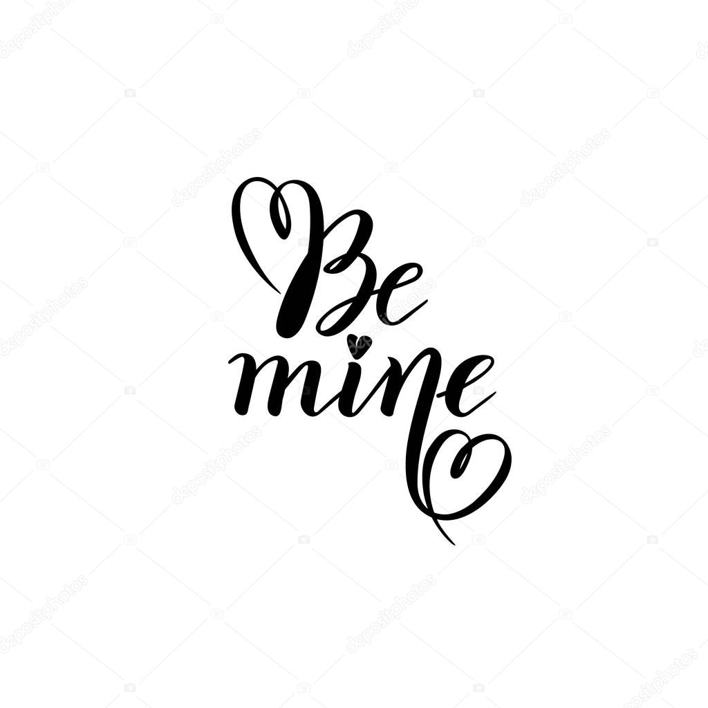 Be mine Valentine hand calligraphy lettering vector text. Valentines typography quote Be my. Inscription Illustration, Design template of Valentines day Greeting Card, red hearts. Love wedding concept