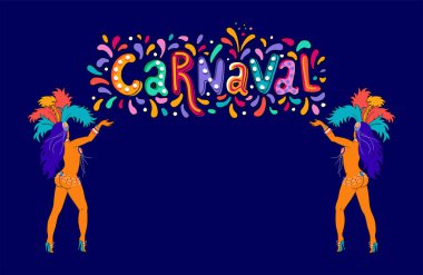 Carnaval elle çizilmiş yazı vektör. Parti, maskeli balo afiş. Poster, kartı, davet. Mutlu karnaval şenlikli kavramı. Karnaval başlık ile renkli parti öğeleri, konfeti ve Brezilya samba dansçısı