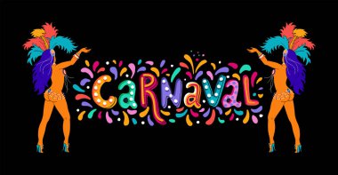 Carnaval elle çizilmiş yazı vektör. Parti, maskeli balo afiş. Poster, kartı, davet. Mutlu karnaval şenlikli kavramı. Karnaval başlık ile renkli parti öğeleri, konfeti ve Brezilya samba dansçısı