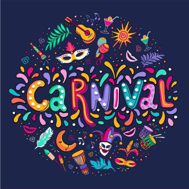 Carnaval elle çizilmiş yazı vektör. Parti, maskeli balo afiş. Poster, kartı, davet. Mutlu karnaval şenlikli kavramı. Karnaval başlık ile renkli parti öğeleri, konfeti ve Brezilya samba dansçısı