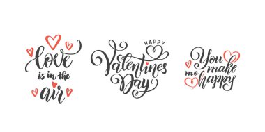 Romantik aşk ifadeler metin tırnak Sevgililer günü için yazı el kümesi vektör, aşk kavramı, düğün tasarım şablonu, poster, tebrik kartı, afiş hat illüstrasyon koleksiyonu, kırmızı kalpler