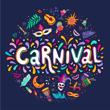 Carnaval elle çizilmiş yazı vektör. Parti, maskeli balo afiş. Poster, kartı, davet. Mutlu karnaval şenlikli kavramı. Karnaval başlık ile renkli parti öğeleri, konfeti ve Brezilya samba dansçısı