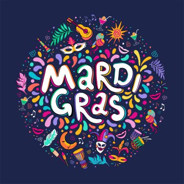 Bayram vektör çizilmiş Mardi Gras metin el yazısı. Festival rozet, logo. Maskeli parti poster tebrik kartı, davet. Kutlama süslemeleri yuvarlak şeklinde. Havai fişek, renkli konfeti yanıp söner.