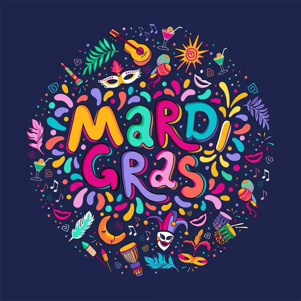 Festa Vettoriale Disegnato Mano Mardi Gras Testo Lettering Distintivo Festivo — Vettoriale Stock