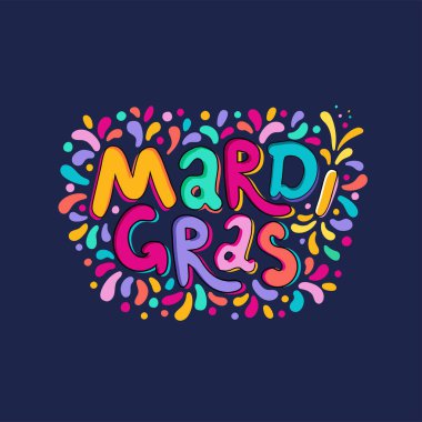 Çizilmiş Mardi Gras metin el yazısı. Festival rozet, logo. Maskeli parti poster tebrik kartı, davet. Kutlama süslemeleri. Havai fişek, renkli konfeti yanıp söner. Bayram vektör tipografi yazı tipi