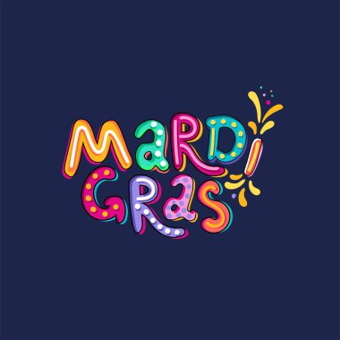 Çizilmiş Mardi Gras metin el yazısı. Festival rozet, logo. Maskeli parti poster tebrik kartı, davet. Kutlama süslemeleri. Havai fişek, renkli konfeti yanıp söner. Bayram vektör tipografi yazı tipi