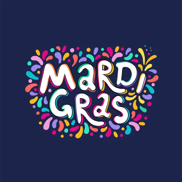 Çizilmiş Mardi Gras metin el yazısı. Festival rozet, logo. Maskeli parti poster tebrik kartı, davet. Kutlama süslemeleri. Havai fişek, renkli konfeti yanıp söner. Bayram vektör tipografi yazı tipi