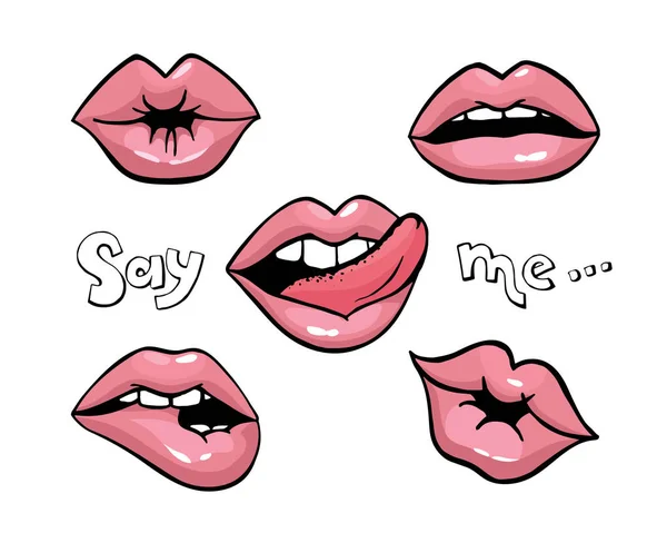 Lippen Patch Collectie Vectorillustratie Sexy Doodle Vrouw Lippen Uiting Van — Stockvector