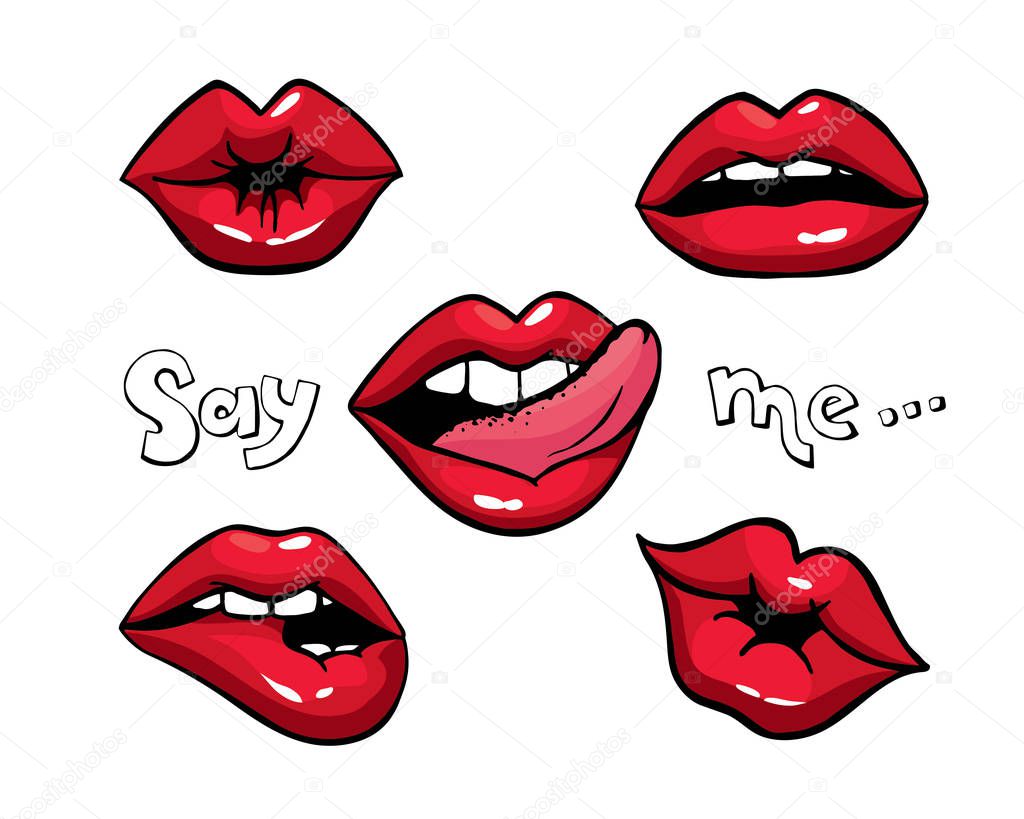 Lips patch collection. Vector illustration of sexy doodle woman's lips expressing different emotions, such as smile, kiss, half-open mouth, biting lip, lip licking, tongue out. Isolated on white. Sex