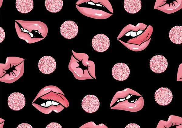 向量玫瑰 自然妇女嘴唇无缝的样式 化妆品和化妆唇的字符 表达情感 半张开嘴 咬嘴唇 舔嘴唇 花纹与蓬松的圈子豌豆 — 图库矢量图片
