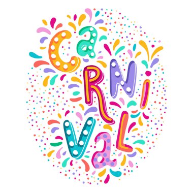 Parlak renkli vektör çizim. Karnaval Festivali el yazısı yazı metin süslemeleri. Çerçeve Renkli konfeti ve havai fişek ile. Brezilya'da popüler olay. Karnaval başlık, renkli parti öğeleri