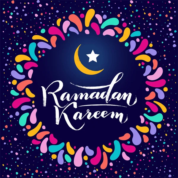 Vector illustration. Islamic Ramadan Kareem greeting gold lettering text, moon, festive colorfull round frame. confetti — Stock Vector